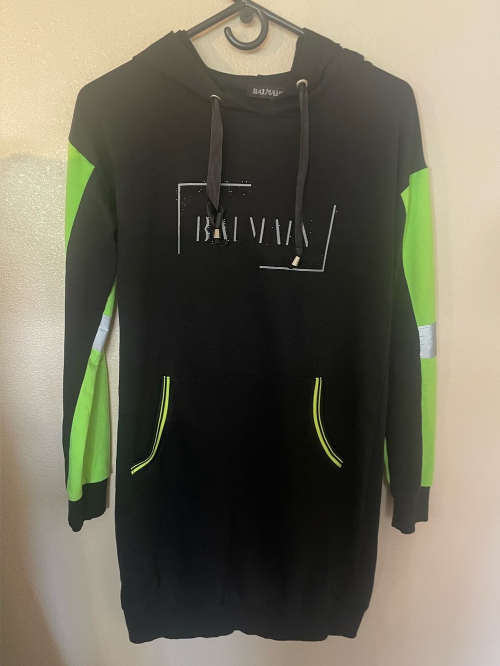 Balmain Black Zip-Up Sweater with Neon Green Accents